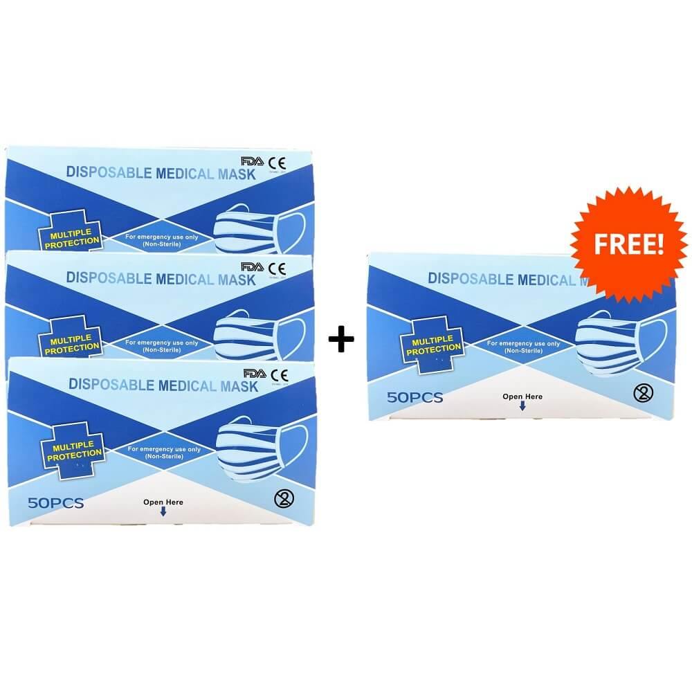 3 Boxes Disposable Medical Face Mask 3-Ply Earloop (50 Pieces) + 1 Box Free - Buy at New Green Nutrition