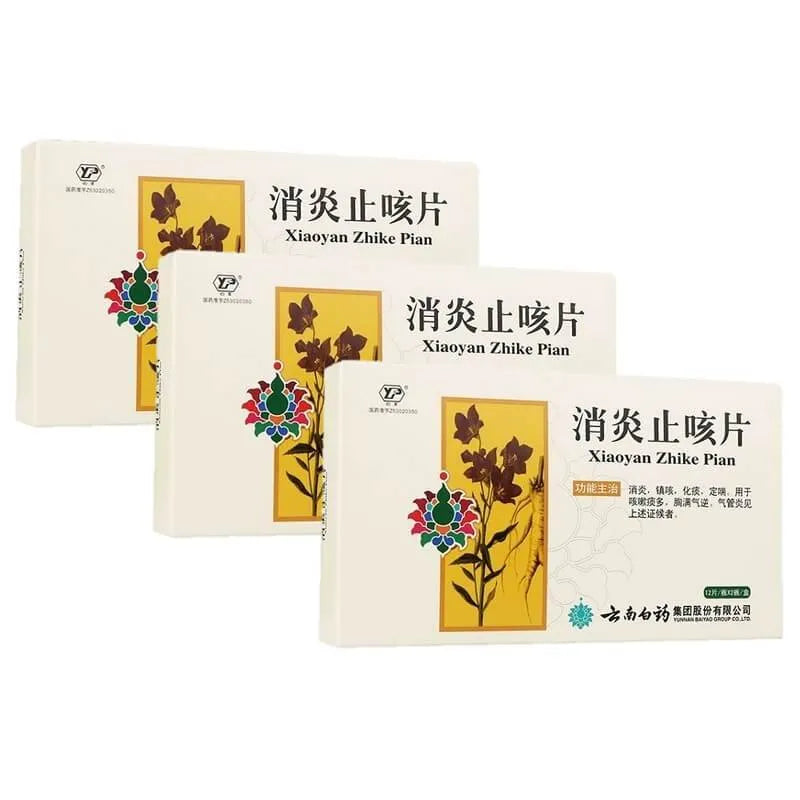 3 Boxes Yunnan Baiyao Xiaoyan Zhike Pian, Helps with Cough and Sore Throat (24 Tablets) - Buy at New Green Nutrition