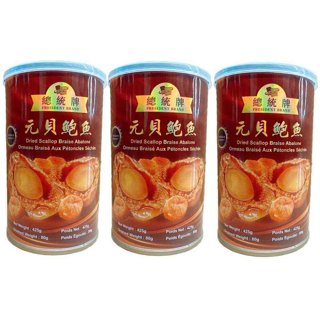 3 Cans President Brand Dried Scallop Braise Abalone (15oz.)