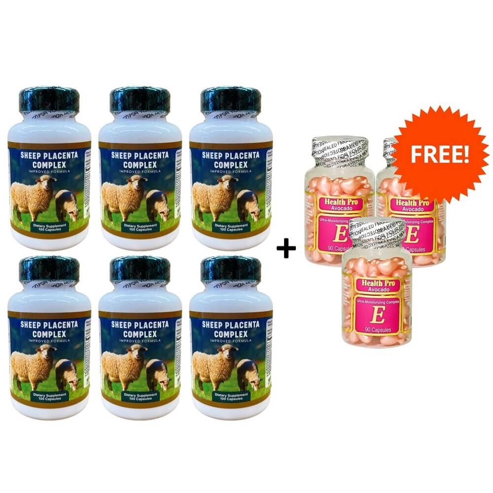 6 Bottles Sheep Placenta Complex (100 Capsules) + 3 Bottles Vitamin E Skin Oil Free - Buy at New Green Nutrition