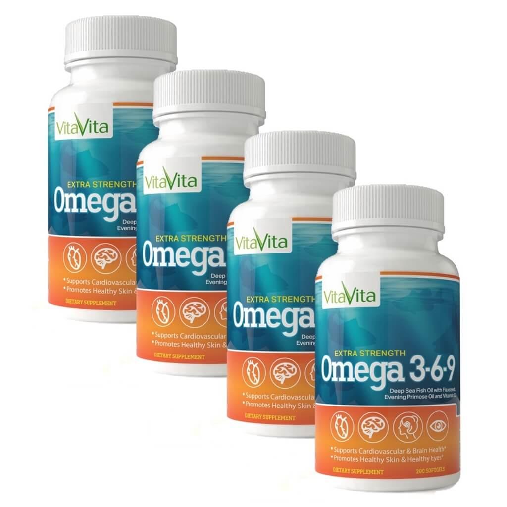 4 Bottles Extra Strength Omega 3-6-9 Fish Oil (200 Softgels)