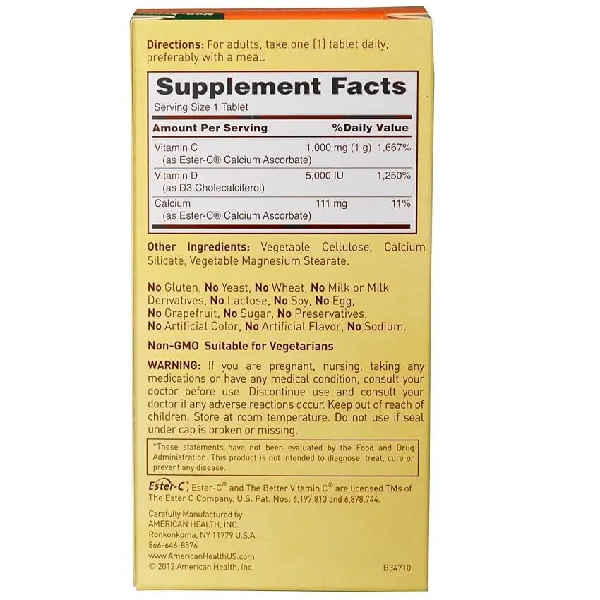 American Health 1000 mg Ester-C with 5000 IU Vitamin D3 Immune Complex (60 Veggie Capsules) - Buy at New Green Nutrition