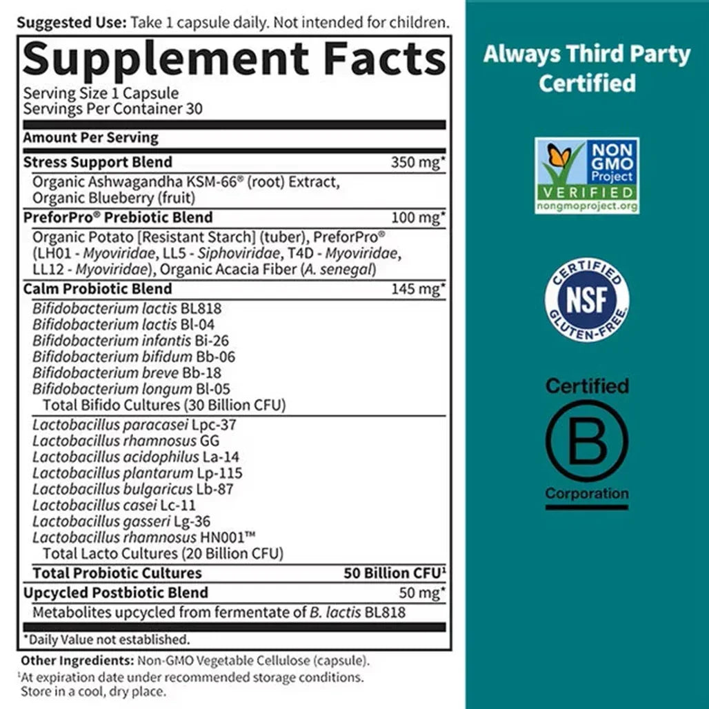 Garden of Life Dr. Formulated Probiotics Calm Pre + Pro + Postbiotics 50 Billion (30 Vegetarian Capsules) - Buy at New Green Nutrition