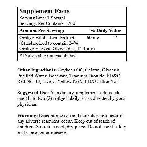 Ginkgo Biloba 60mg (200 Softgels) - 2 Bottles - Buy at New Green Nutrition