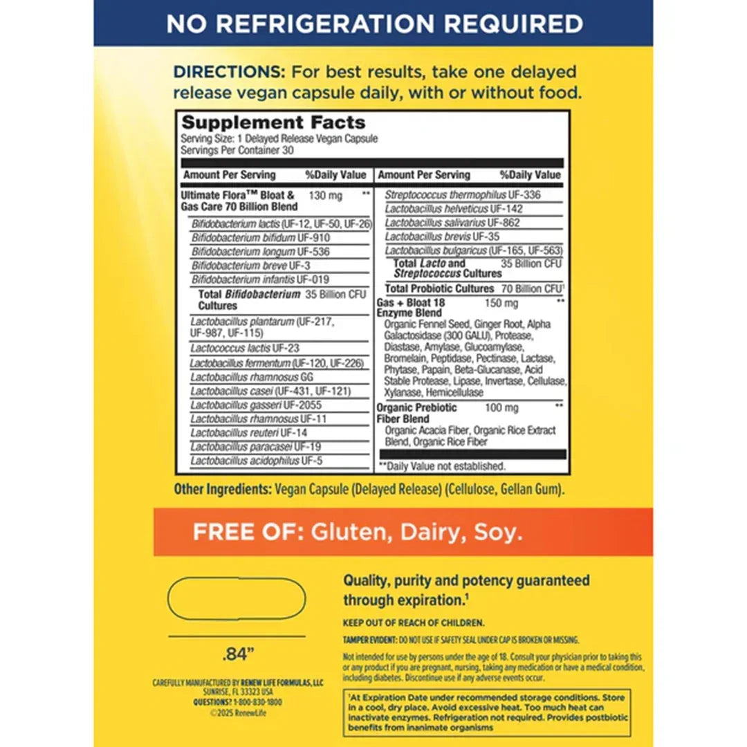 Renew Life Ultimate Flora Bloat & Gas Care 70 Billion (30 Delayed Release Vegan Capsules) - Buy at New Green Nutrition