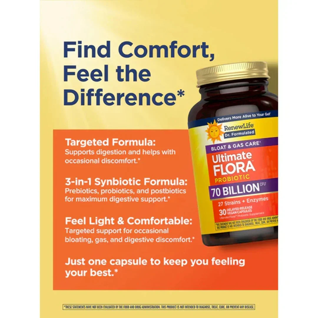 Renew Life Ultimate Flora Bloat & Gas Care 70 Billion (30 Delayed Release Vegan Capsules) - Buy at New Green Nutrition