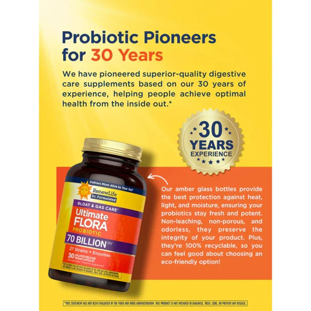 Renew Life Ultimate Flora Bloat & Gas Care 70 Billion (30 Delayed Release Vegan Capsules) - Buy at New Green Nutrition