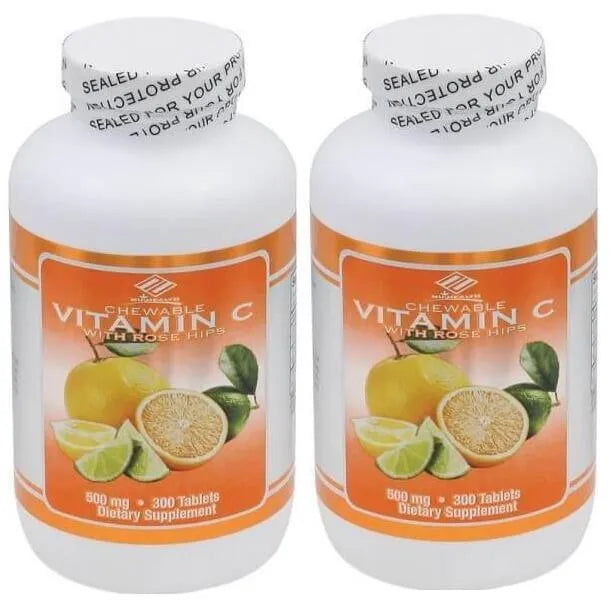 Vitamin C + Rose Hips 500mg per Serving (300 Chewable Tablets) - 2 Bottles - Buy at New Green Nutrition
