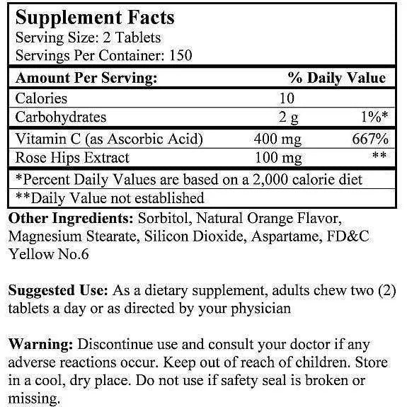 Vitamin C + Rose Hips 500mg per Serving (300 Chewable Tablets) - 2 Bottles - Buy at New Green Nutrition