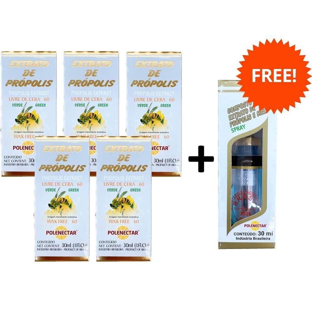 5 Boxes Polenectar Brazil Green Bee Propolis Extract Wax Free 60 (30mL) + Spray Propolis Free - Buy at New Green Nutrition